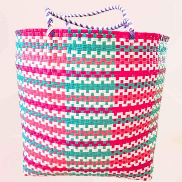 NWT Simply Southern Woven Purple Puppy Pink Pom Pom Big Tote - Picture 5 of 8